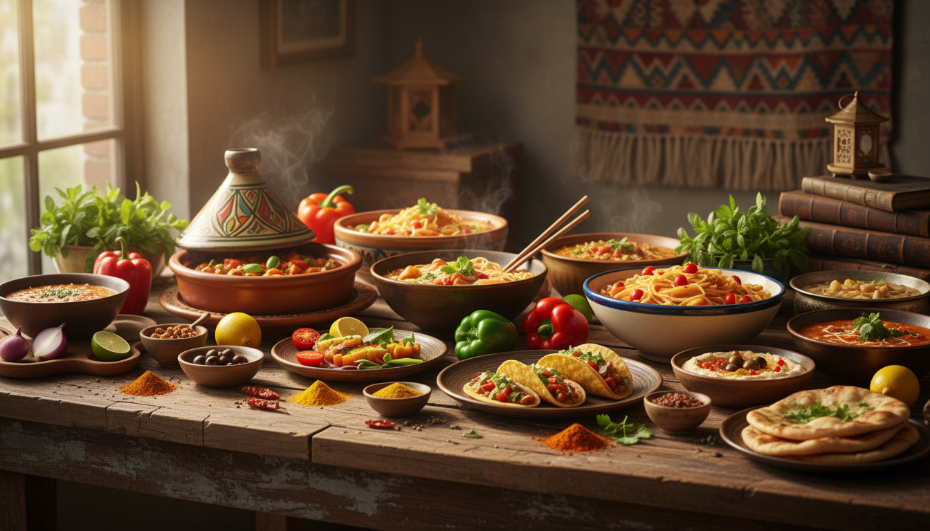 Разнообразие блюд мировой кухни на столе