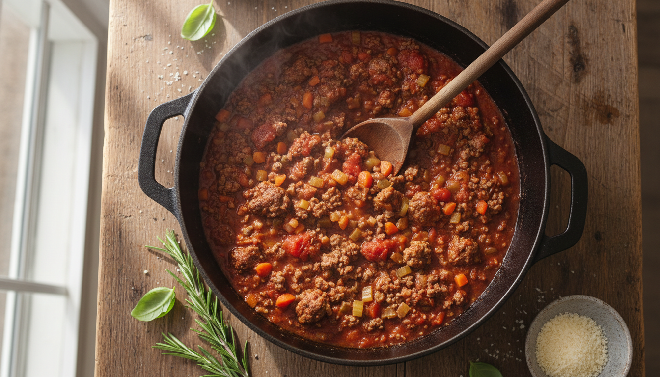 Густой мясной соус Болоньезе, медленно тушащийся в кастрюле